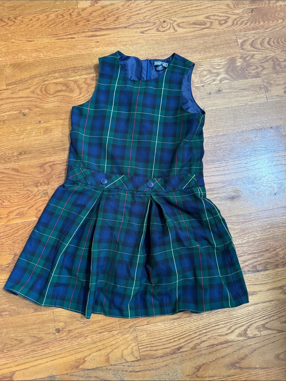 Lands' End Girls Blue & Green Tartan Pleated Jumper Dress